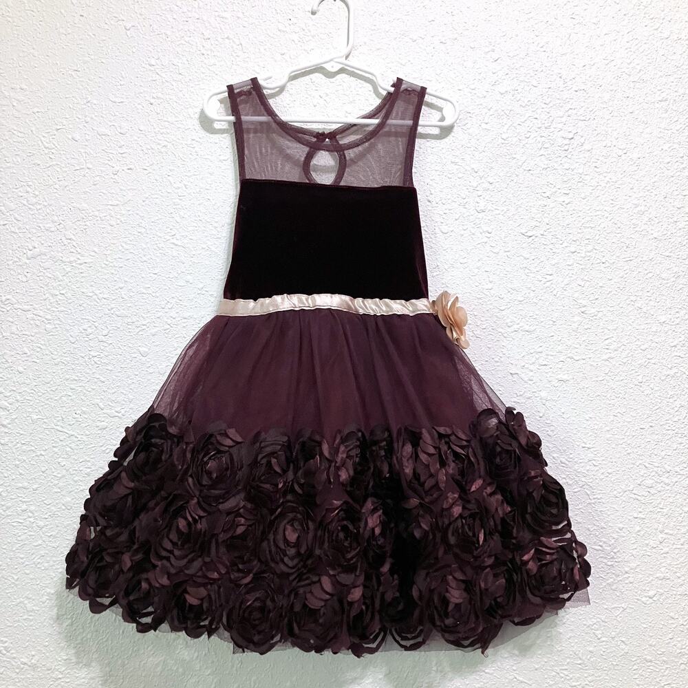 Little Lass Holiday Party Princess Dress Velvet Rosettes Girls 6X Burgundy